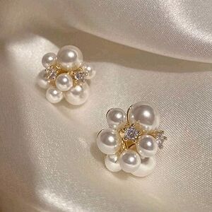 Faux Pearl Cluster CZ Gold Stud Earrings Floral Statement; Bridal; Wedding; NWOT